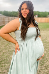 Mint Green Smocked Tie Strap Maternity Midi Dress