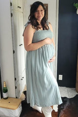 Mint Green Smocked Tie Strap Maternity Midi Dress