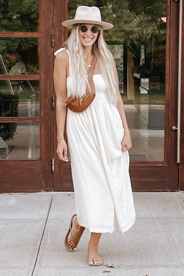 Beige Smocked Tie Strap Midi Dress