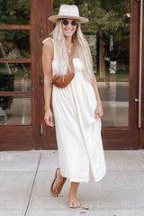 Beige Smocked Tie Strap Midi Dress