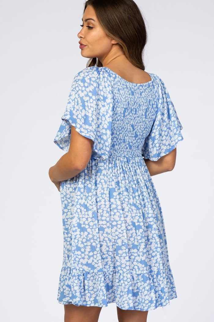 Blue Floral Smocked Ruffle Maternity Dress