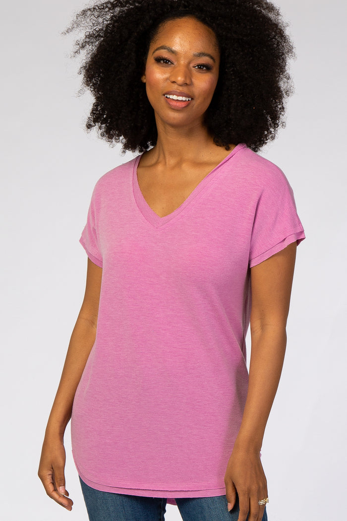 Mauve V-Neck Raw Hem Maternity Short Sleeve Top