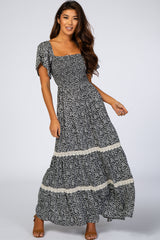 Black Floral Square Neck Smocked Front Lace Trim Maxi Dress