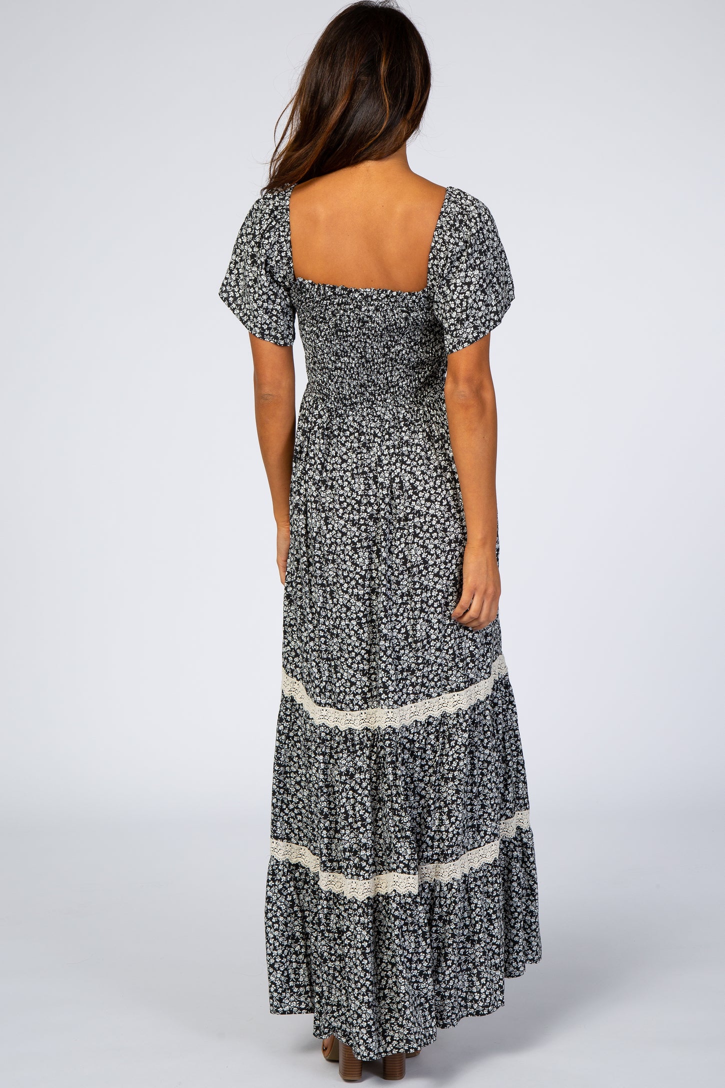 Black Floral Square Neck Smocked Front Lace Trim Maxi Dress
