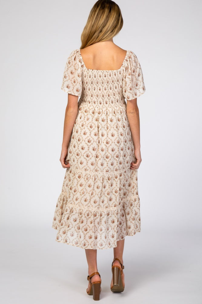 Ivory Floral Chiffon Smocked Front Lace Trim Maternity Midi Dress
