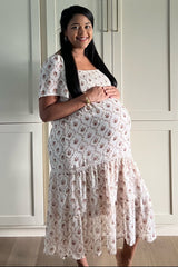 Ivory Floral Chiffon Smocked Front Lace Trim Maternity Midi Dress