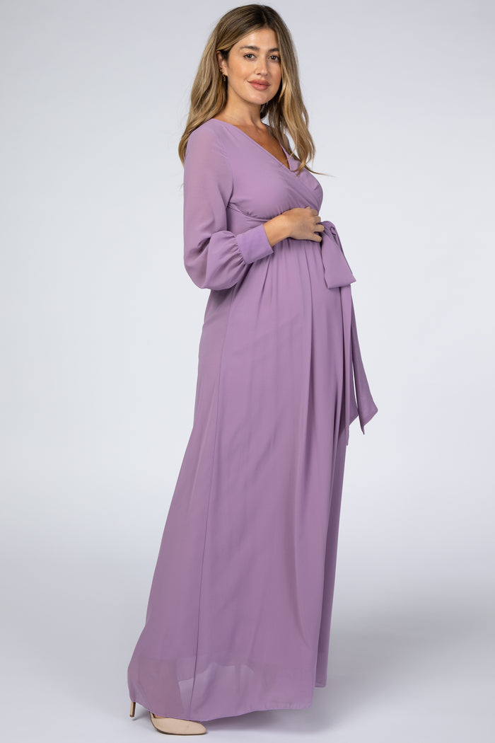 Violet Chiffon Long Sleeve Pleated Maternity Maxi Dress