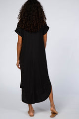 Black Ribbed Curved Hem Midi Dress