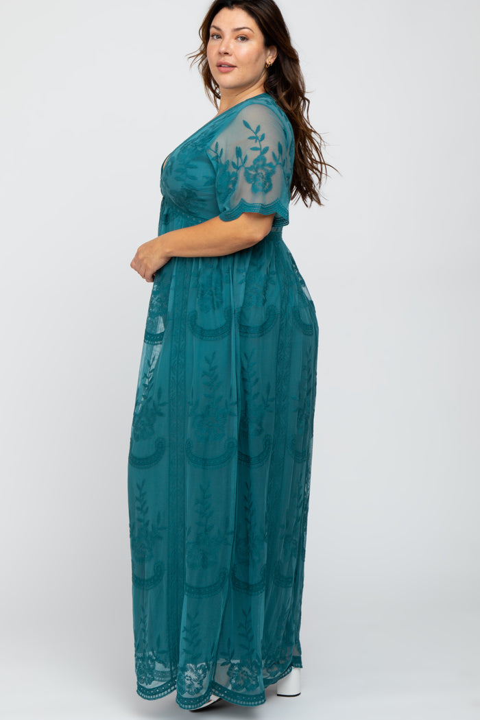 Teal Lace Mesh Overlay Plus Maxi Dress