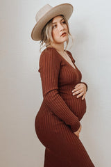 Mocha V-Neck Long Sleeve Fitted Maternity Maxi Dress