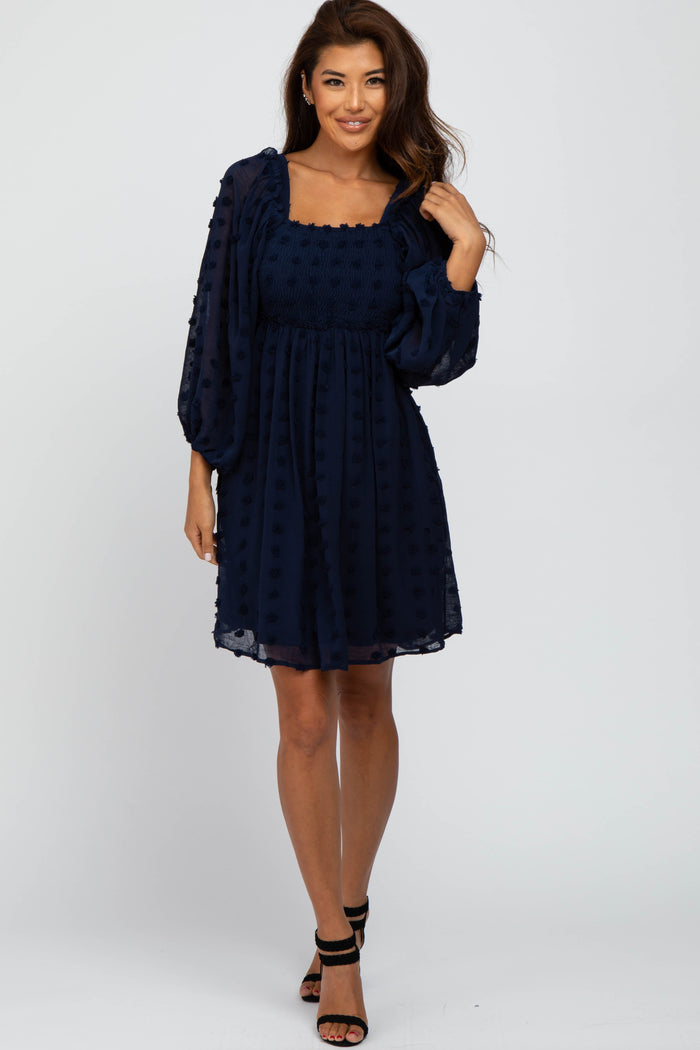 Navy Textured Dot Smocked Square Neck Chiffon Maternity Dress