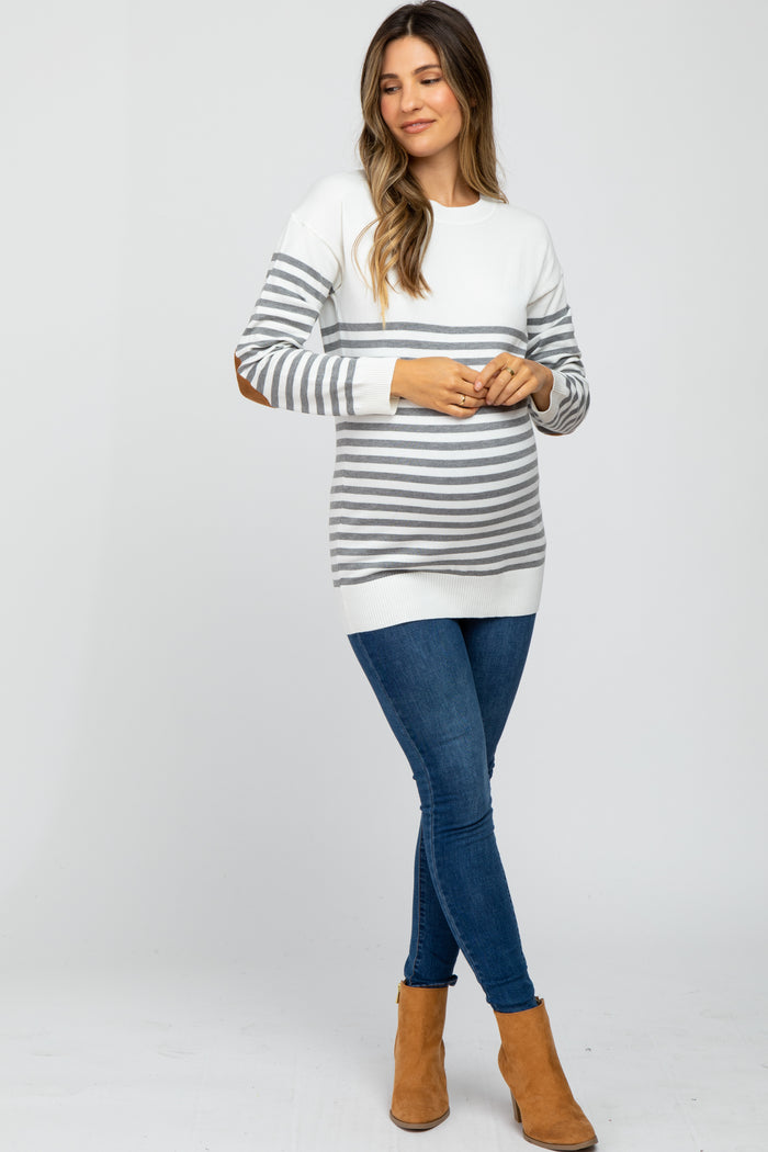 Heather Grey Striped Elbow Patch Knit Maternity Sweater