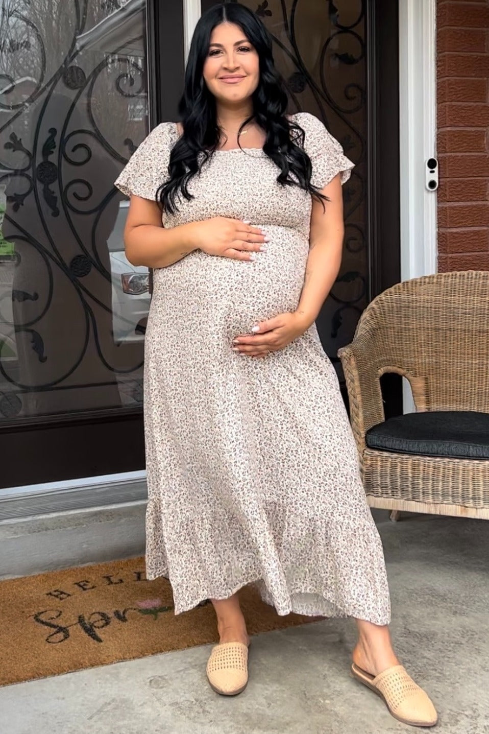 Ivory Floral Smocked Maternity Maxi Dress