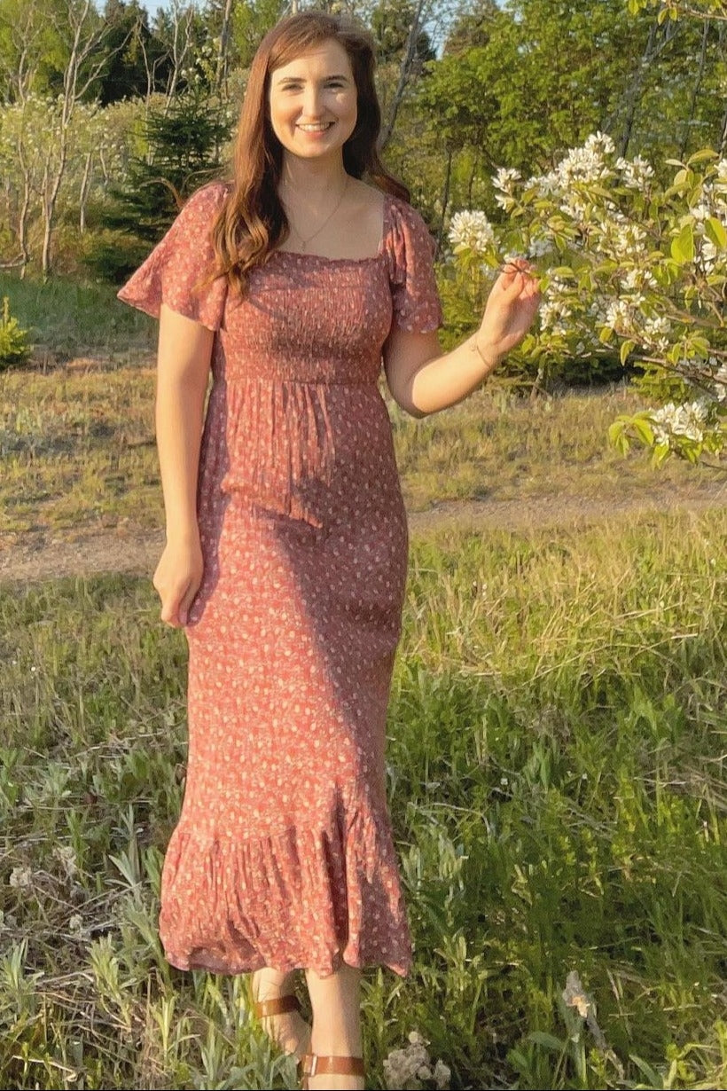Ivory Floral Smocked Maxi Dress