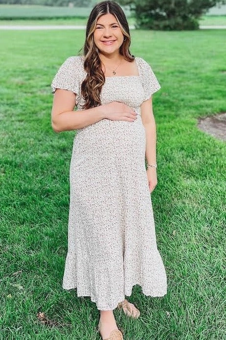 Ivory Floral Smocked Maternity Maxi Dress