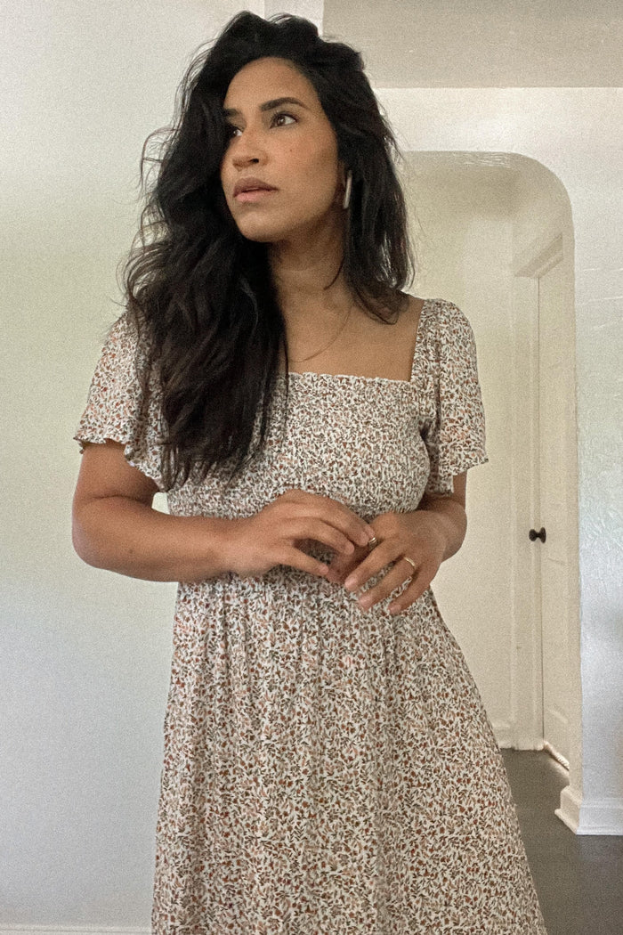 Ivory Floral Smocked Maxi Dress