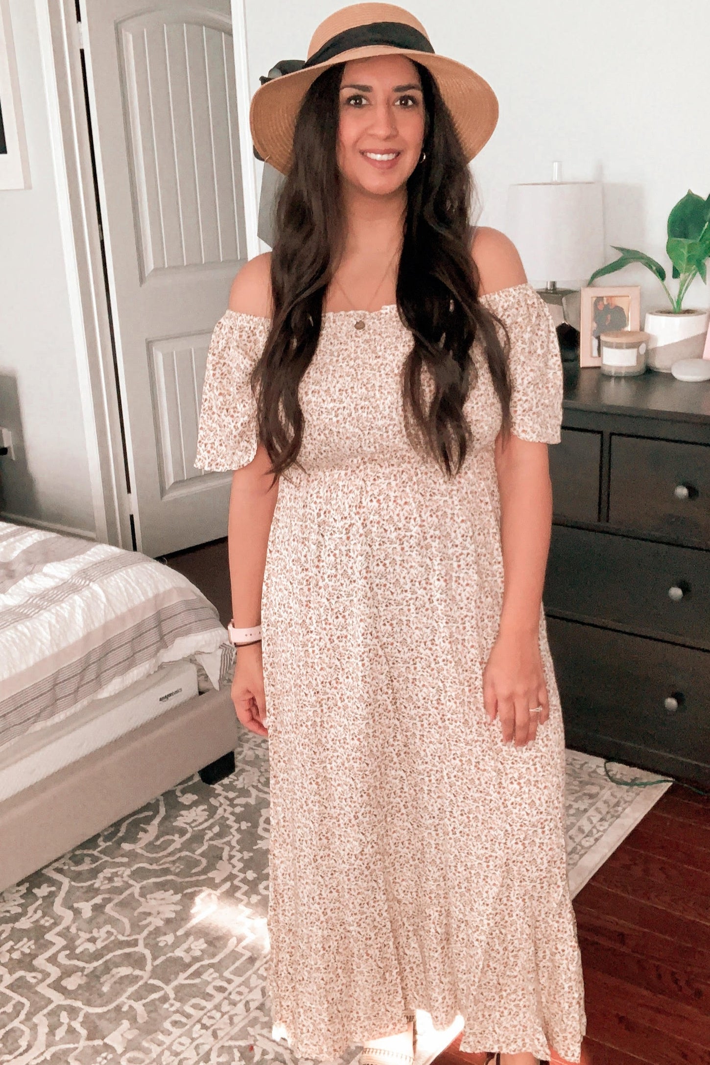 Ivory Floral Smocked Maxi Dress