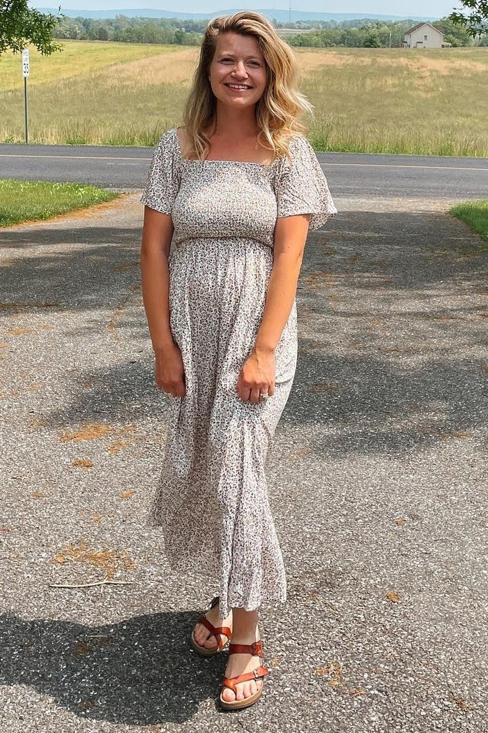 Ivory Floral Smocked Maxi Dress
