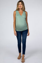 Light Olive Crossover Ruched Maternity Nursing Tank