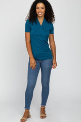 Teal Solid Short Sleeve Wrap FrontTop