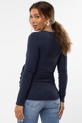 Navy Blue Brushed Knit Wrap Front Maternity Top