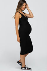 Black Sleeveless Ribbed Knit Fitted Maternity Dress