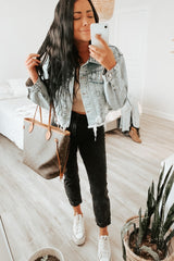 Light Blue Distressed Cropped Denim Jacket