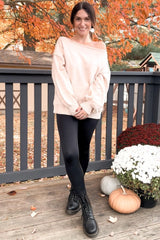 Beige Boat Neck Bubble Sleeve Sweater