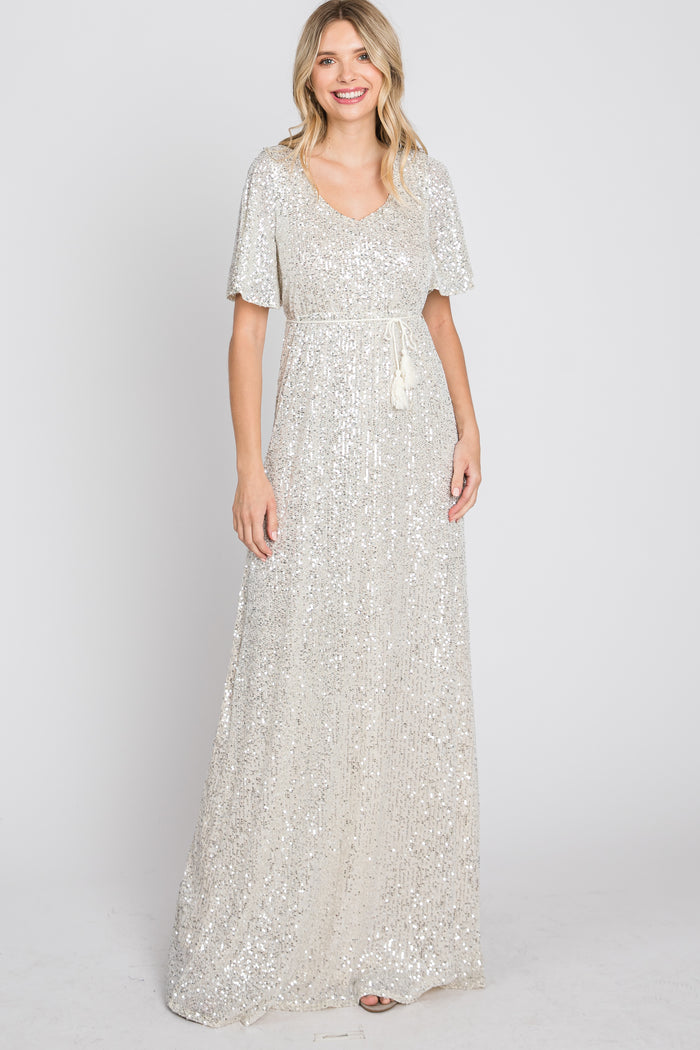 Cream Sequin Short Sleeve Maternity Maxi Dress