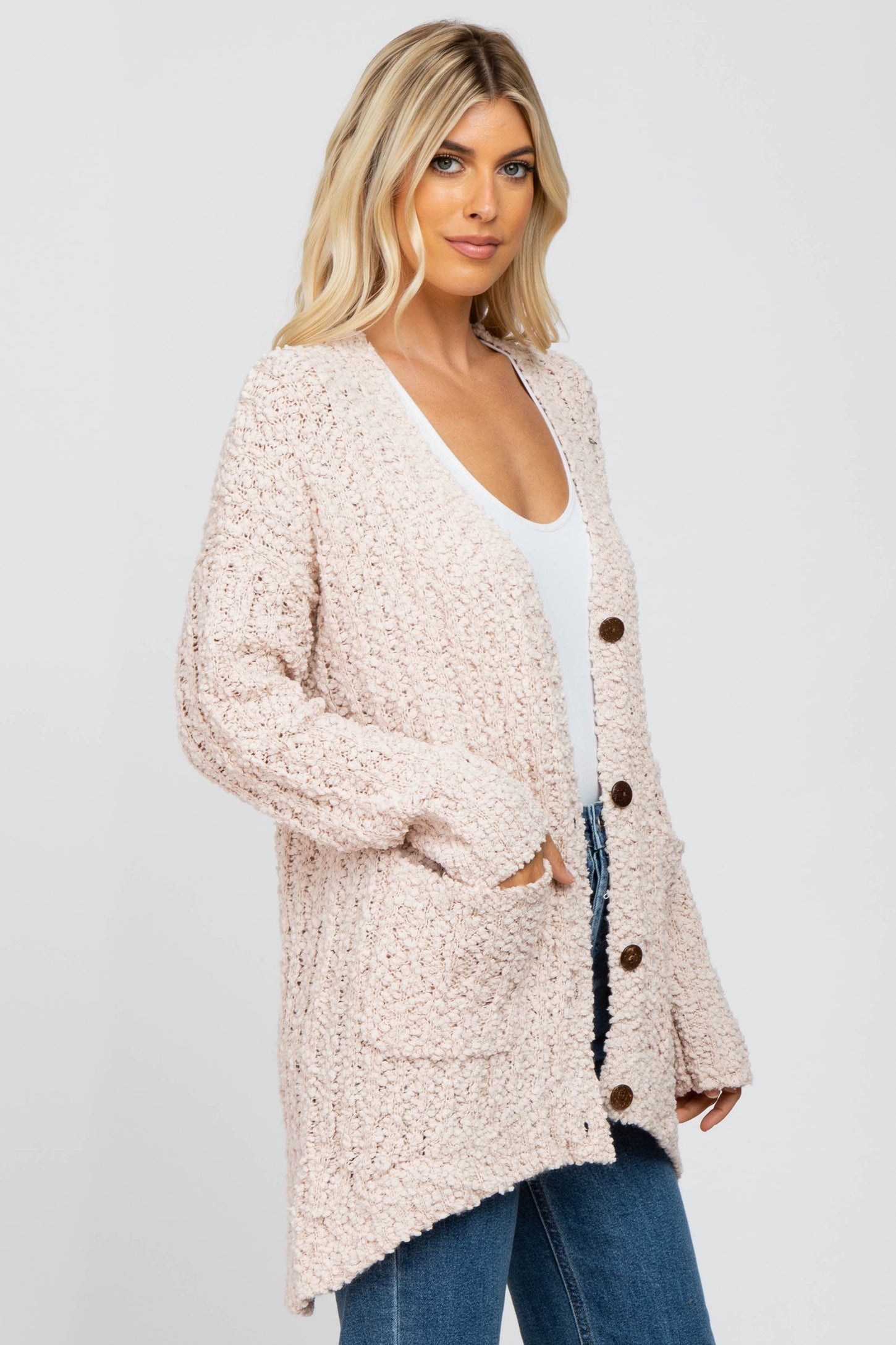 Light Pink Popcorn Knit Hi-Low Cardigan