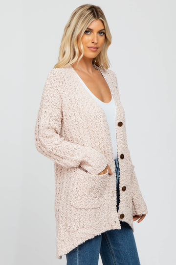 Light Pink Popcorn Knit Hi-Low Cardigan