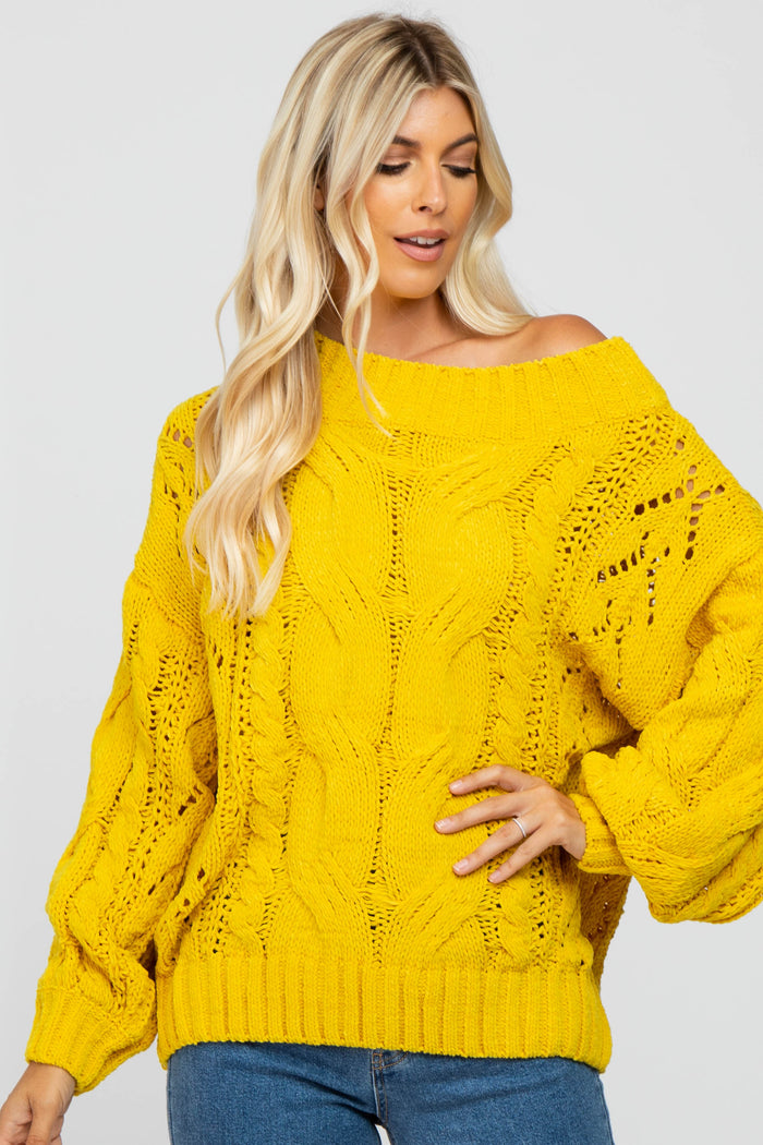 Yellow Cable Knit Off Shoulder Bubble Sleeve Sweater