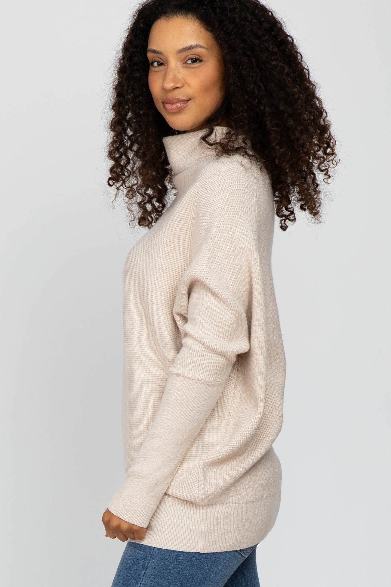 Beige Funnel Neck Dolman Sleeve Sweater