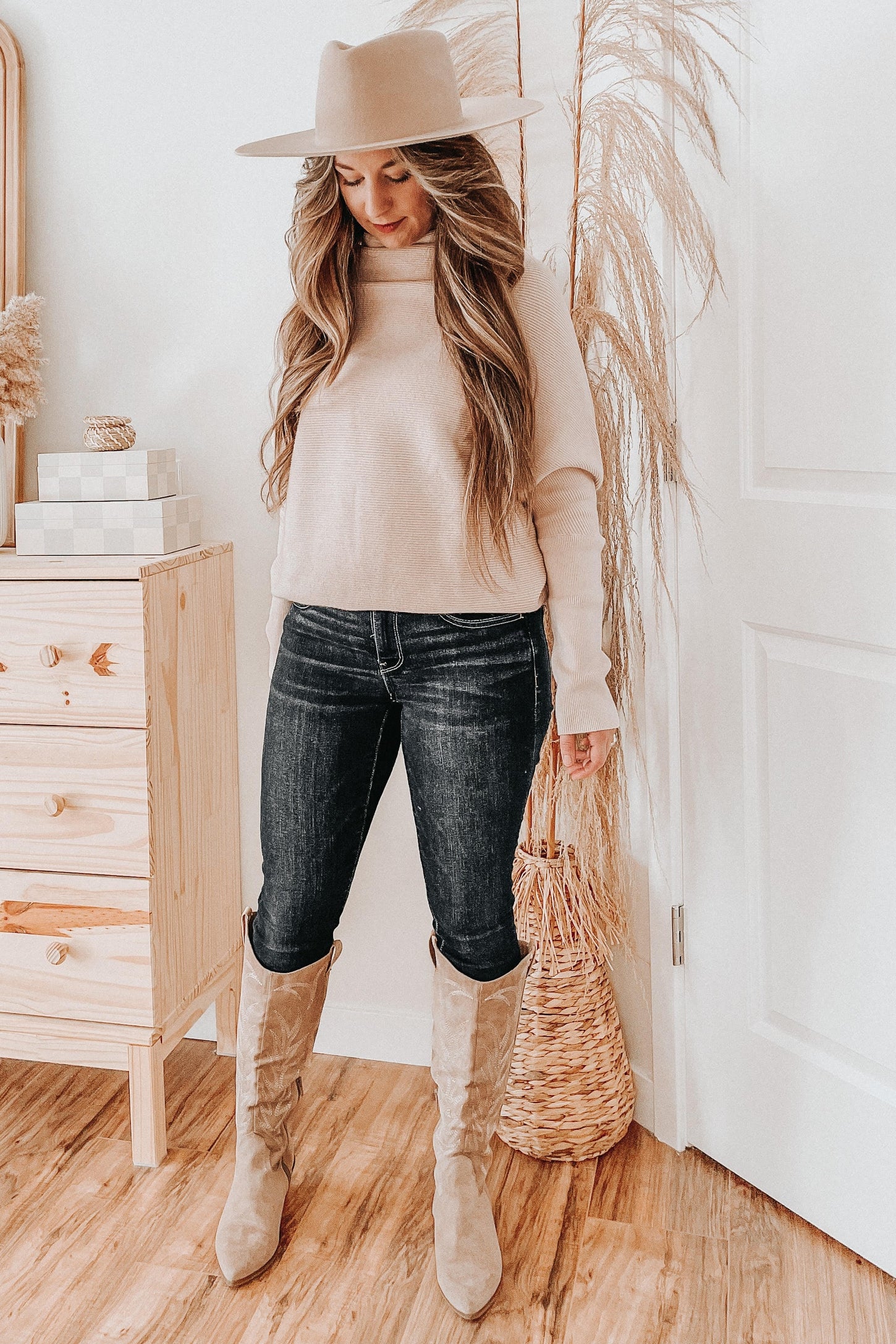 Beige Funnel Neck Dolman Sleeve Sweater