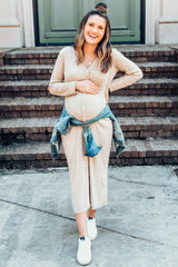 Beige Ribbed Button Front Midi Cardigan Maternity Dress