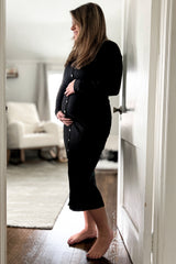 Black Ribbed Button Front Midi Cardigan Maternity Dress