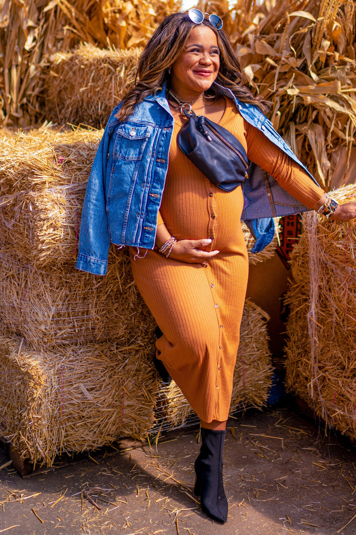 Rust Ribbed Button Front Midi Cardigan Maternity Dress