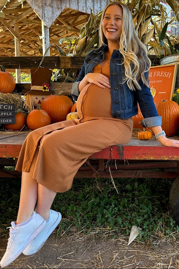 Rust Ribbed Button Front Midi Cardigan Maternity Dress