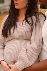 Beige Side Slit Maternity Maxi Sweater Dress