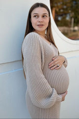Beige Side Slit Maternity Maxi Sweater Dress