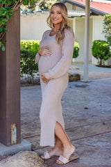 Beige Side Slit Maternity Maxi Sweater Dress