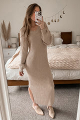 Beige Side Slit Maxi Sweater Dress