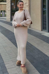 Beige Side Slit Maxi Sweater Dress
