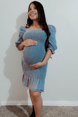 Light Blue Square Neck Smocked Denim Maternity Dress