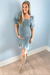 Light Blue Square Neck Smocked Denim Maternity Dress