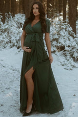 Green Side Slit Satin Maternity Maxi Dress