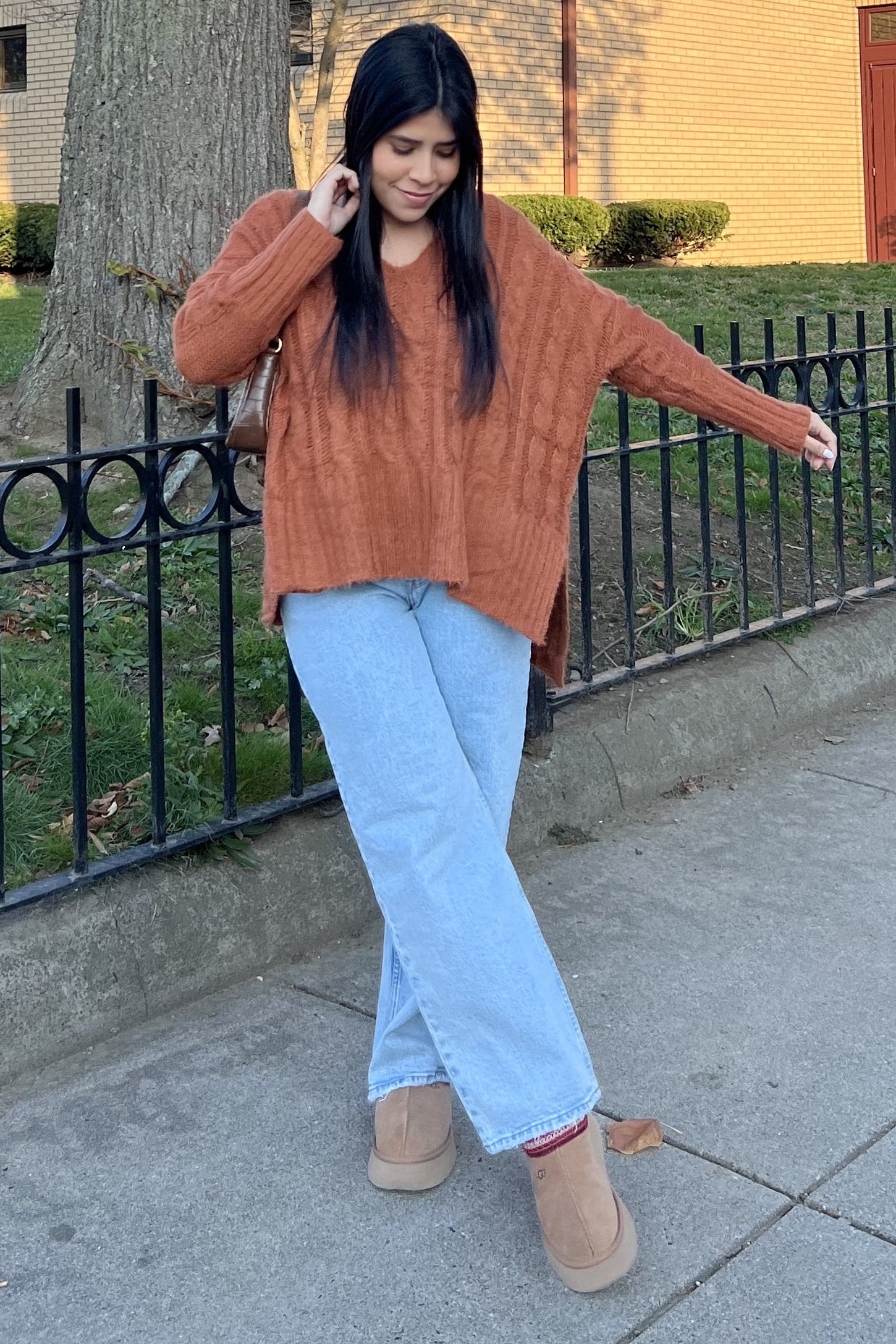 Camel V-Neck Side Slit Cable Knit Sweater