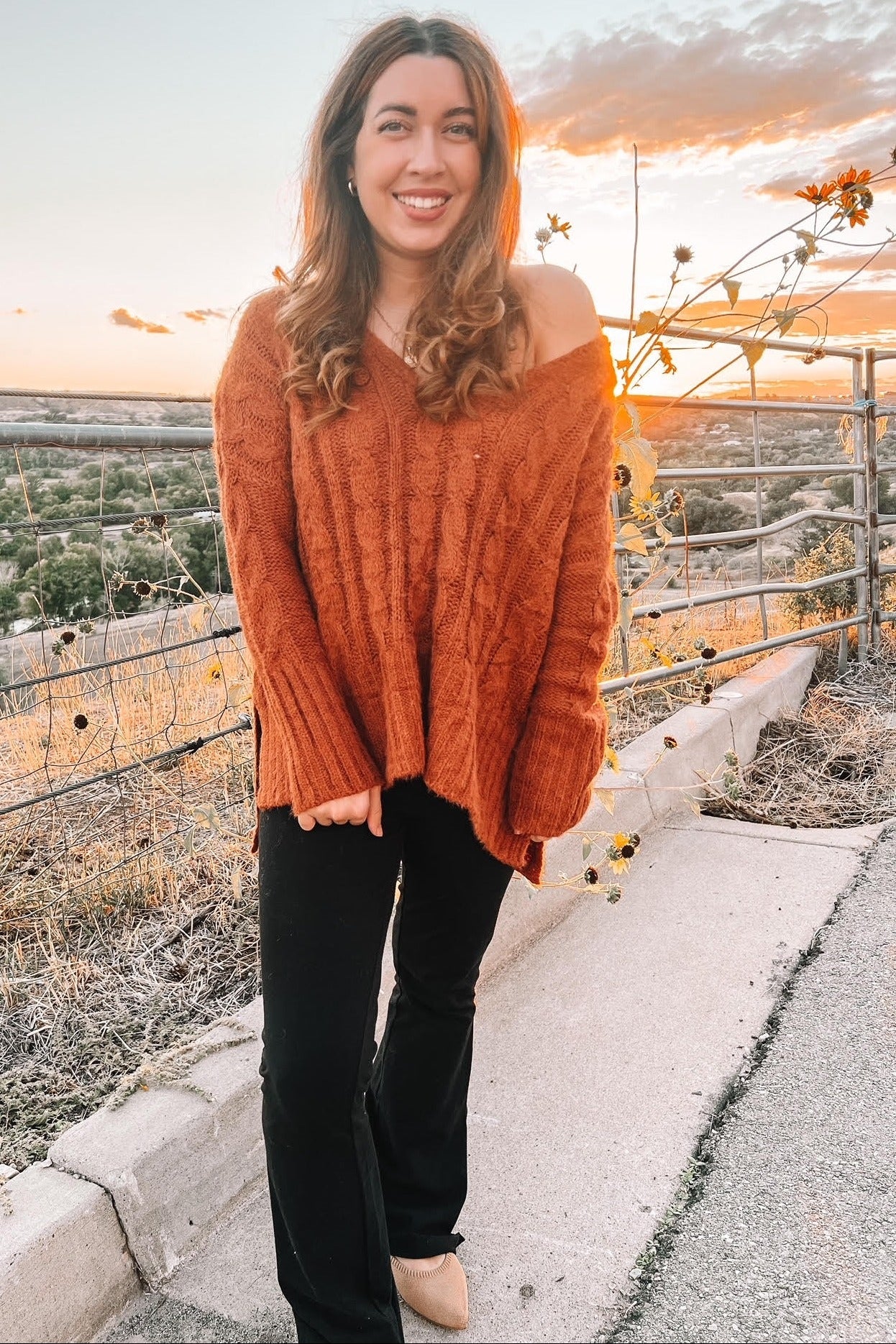 Camel V-Neck Side Slit Cable Knit Sweater