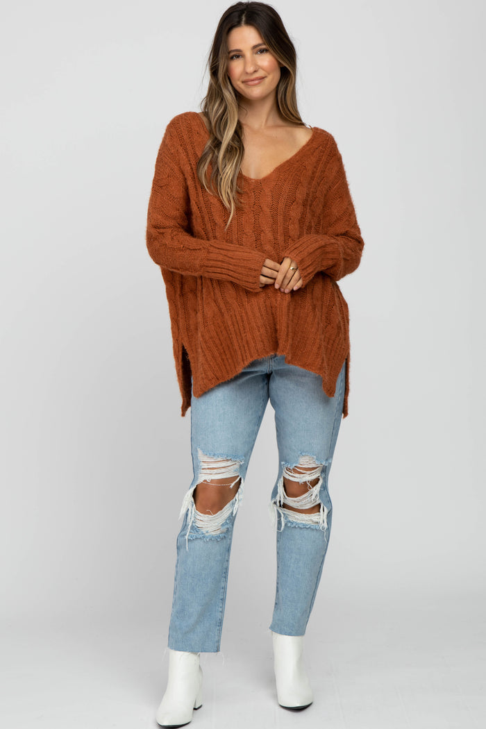 Camel V-Neck Side Slit Cable Knit Maternity Sweater