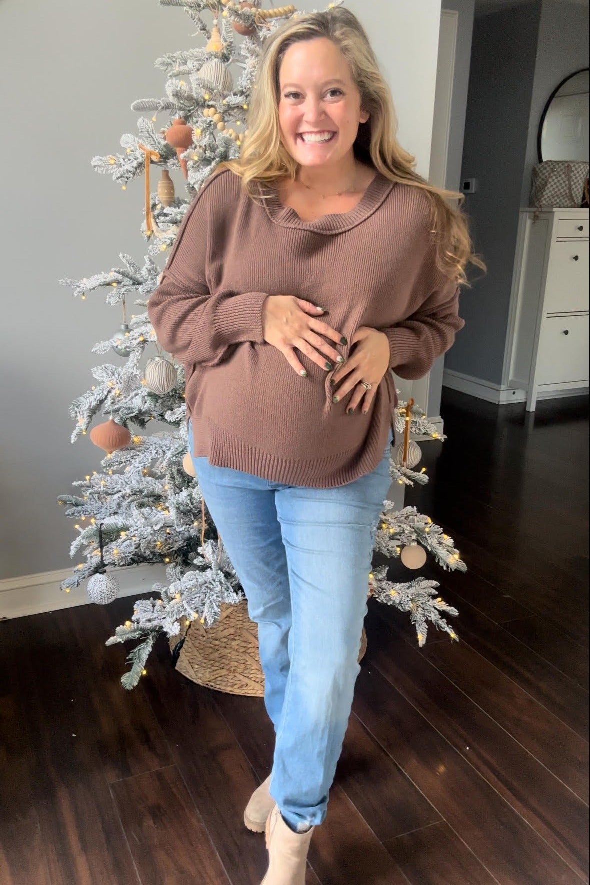 Brown Exposed Seam Side Slit Maternity Sweater